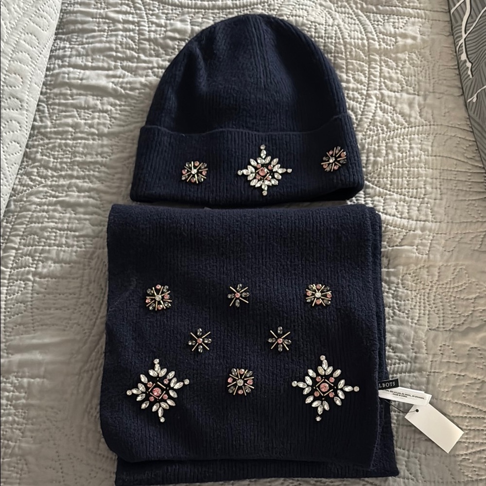Embellished Navy Beanie and Scarf Set